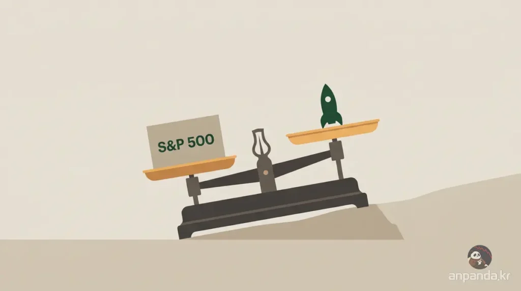 S&P500 인덱스 ETF 편입 기준 변화를 저울로 표현한 에디토리얼 일러스트