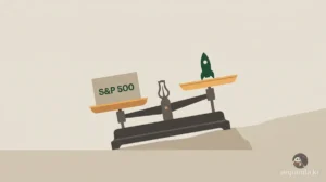 S&P500 인덱스 ETF 편입 기준 변화를 저울로 표현한 에디토리얼 일러스트