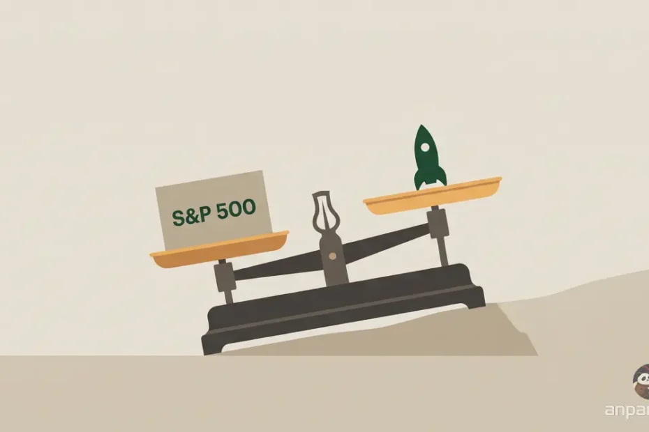 S&P500 인덱스 ETF 편입 기준 변화를 저울로 표현한 에디토리얼 일러스트