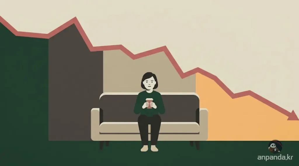 폭락 차트 앞에서 커피를 마시며 평온하게 앉아 있는 장기투자자 일러스트