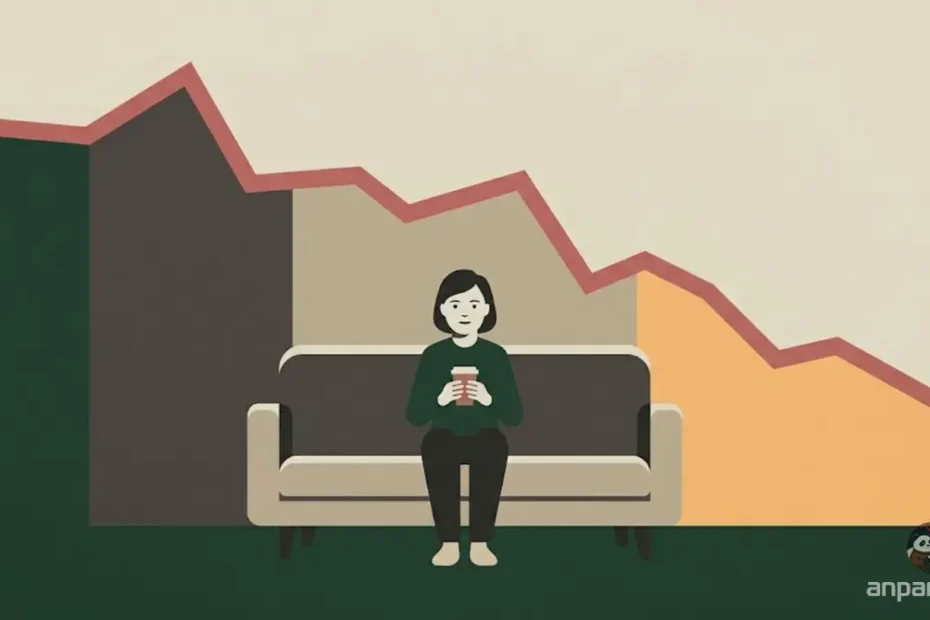 폭락 차트 앞에서 커피를 마시며 평온하게 앉아 있는 장기투자자 일러스트