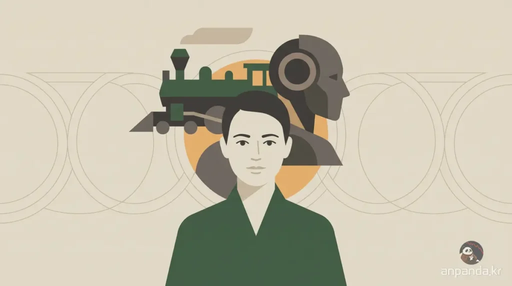 기술 변화와 역사적 반복을 상징하는 AI와 증기기관차 실루엣 플랫 일러스트