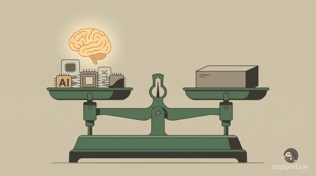 AI 종목추천과 장기 투자 전략의 백테스트 결과를 비교하는 플랫 일러스트. 장기 투자 쪽으로 저울이 기울어져 있다.