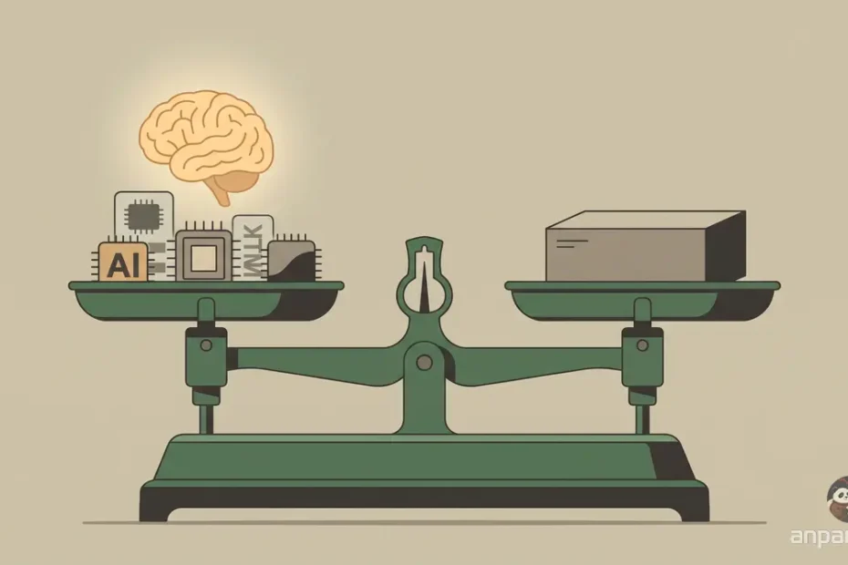 AI 종목추천과 장기 투자 전략의 백테스트 결과를 비교하는 플랫 일러스트. 장기 투자 쪽으로 저울이 기울어져 있다.