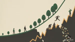 S&P500 장기 복리 그래프와 잦은 매매로 끊어진 개인투자자 수익률 그래프 비교 일러스트