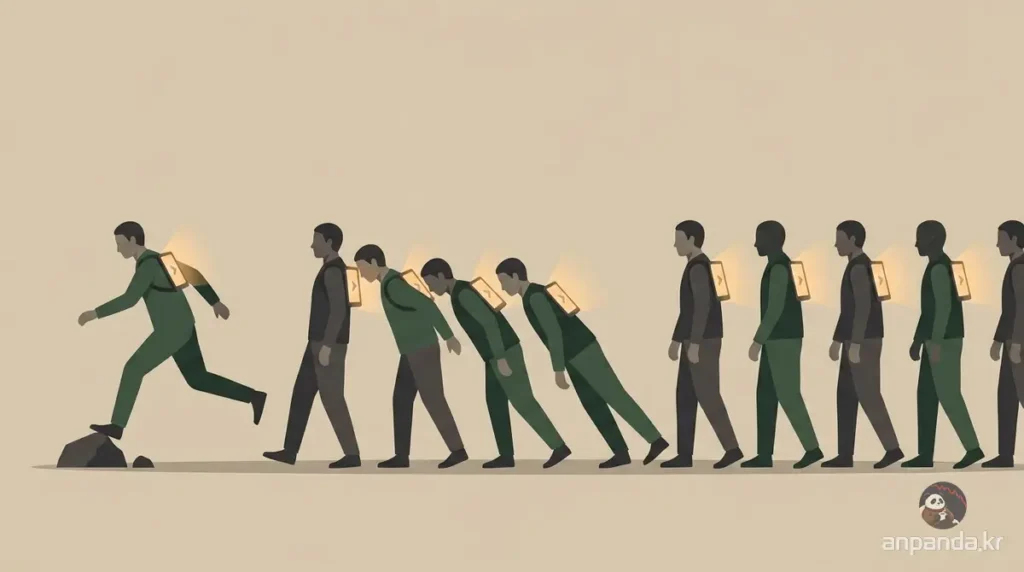 앞사람의 AI 투자 신호만 보고 따라가던 군중이 도미노처럼 한꺼번에 무너지려는 순간을 표현한 미니멀 일러스트.