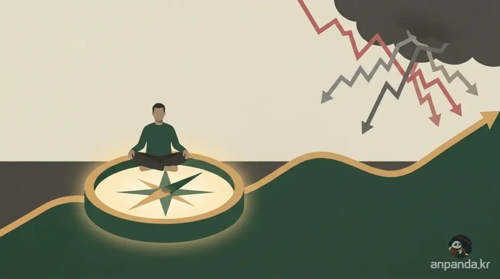 스페이스X 밸류에이션 논쟁과 개별 종목 투자의 어려움을 넘어, 지수 추종 인덱스 펀드 장기 투자가 주는 안정감과 우상향 흐름에 올라탄 투자자를 표현한 플랫 일러스트.