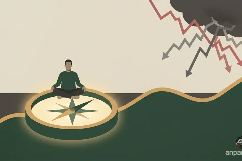 스페이스X 밸류에이션 논쟁과 개별 종목 투자의 어려움을 넘어, 지수 추종 인덱스 펀드 장기 투자가 주는 안정감과 우상향 흐름에 올라탄 투자자를 표현한 플랫 일러스트.