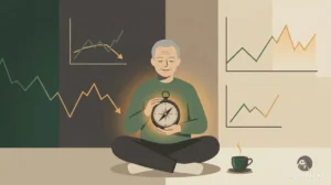 S&P 500 장기 투자를 결심한 평온한 투자자가 나침반을 앞에 두고 시장의 작은 등락에도 흔들리지 않는 태도를 보여주는 일러스트