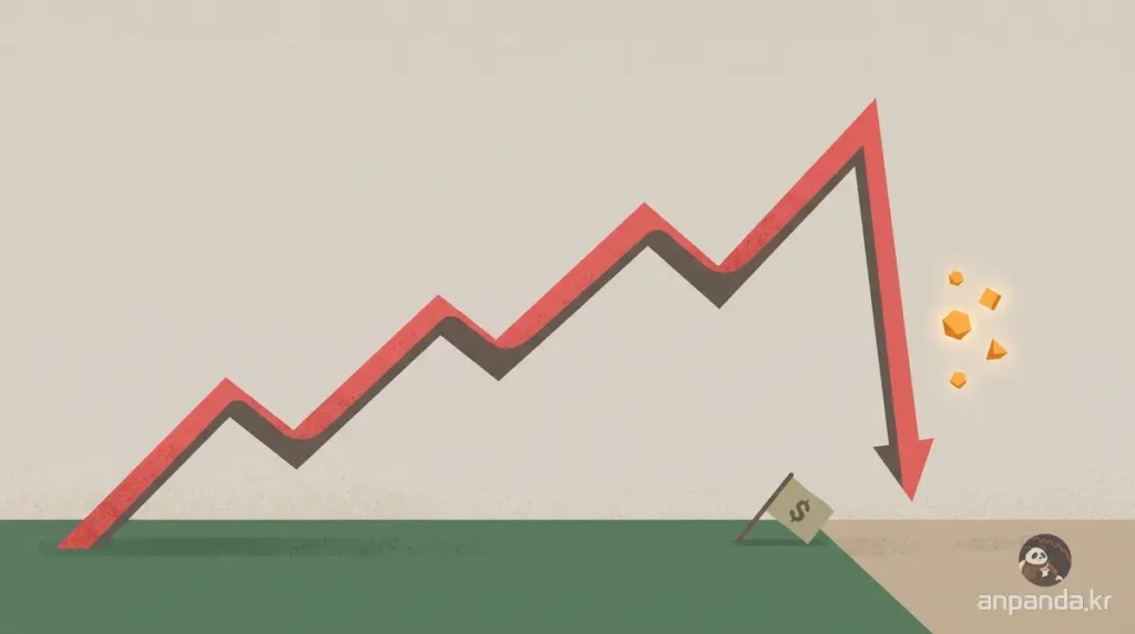 S&P 500 지수 수익률 그래프에서 핵심적인 '최고의 94일'을 놓쳐 수익률이 급감하는 모습을 상징적으로 표현한 일러스트
