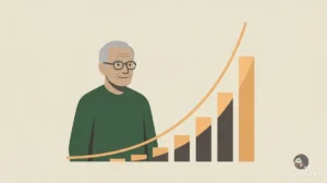 50세 이후 급격히 상승하는 복리 그래프 옆에 선 워런 버핏을 묘사한 일러스트
