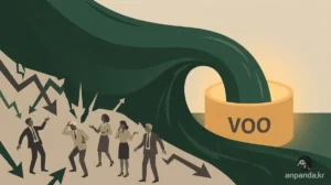 미국 주식 폭락 경고 속에서도 VOO ETF로 조용히 흘러 들어가는 거대한 자금 유입을 표현한 플랫 에디토리얼 일러스트. 패닉에 빠진 투자자들과 대비되는 안정적인 자금 흐름과 VOO 컨테이너를 시각화했습니다.