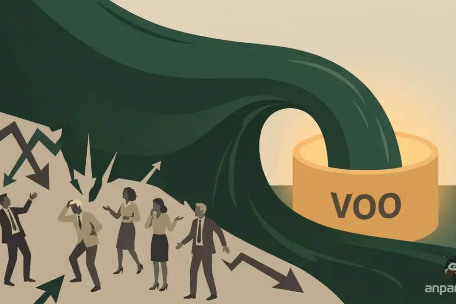 미국 주식 폭락 경고 속에서도 VOO ETF로 조용히 흘러 들어가는 거대한 자금 유입을 표현한 플랫 에디토리얼 일러스트. 패닉에 빠진 투자자들과 대비되는 안정적인 자금 흐름과 VOO 컨테이너를 시각화했습니다.